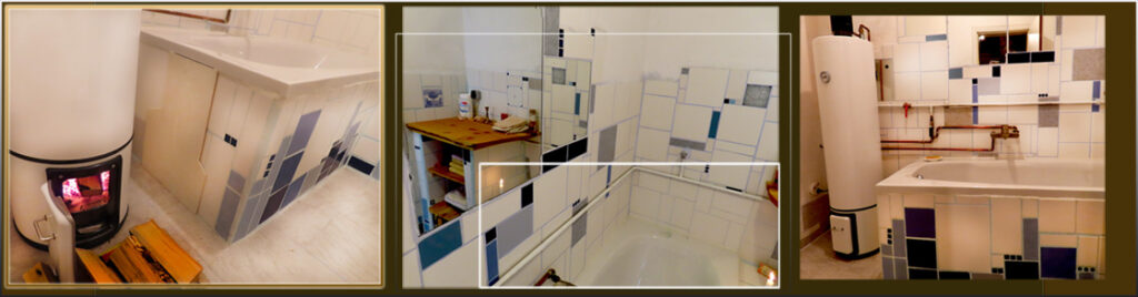 Das Holzofen-Badezimmer - Das helle Feuer in blauem Dunst